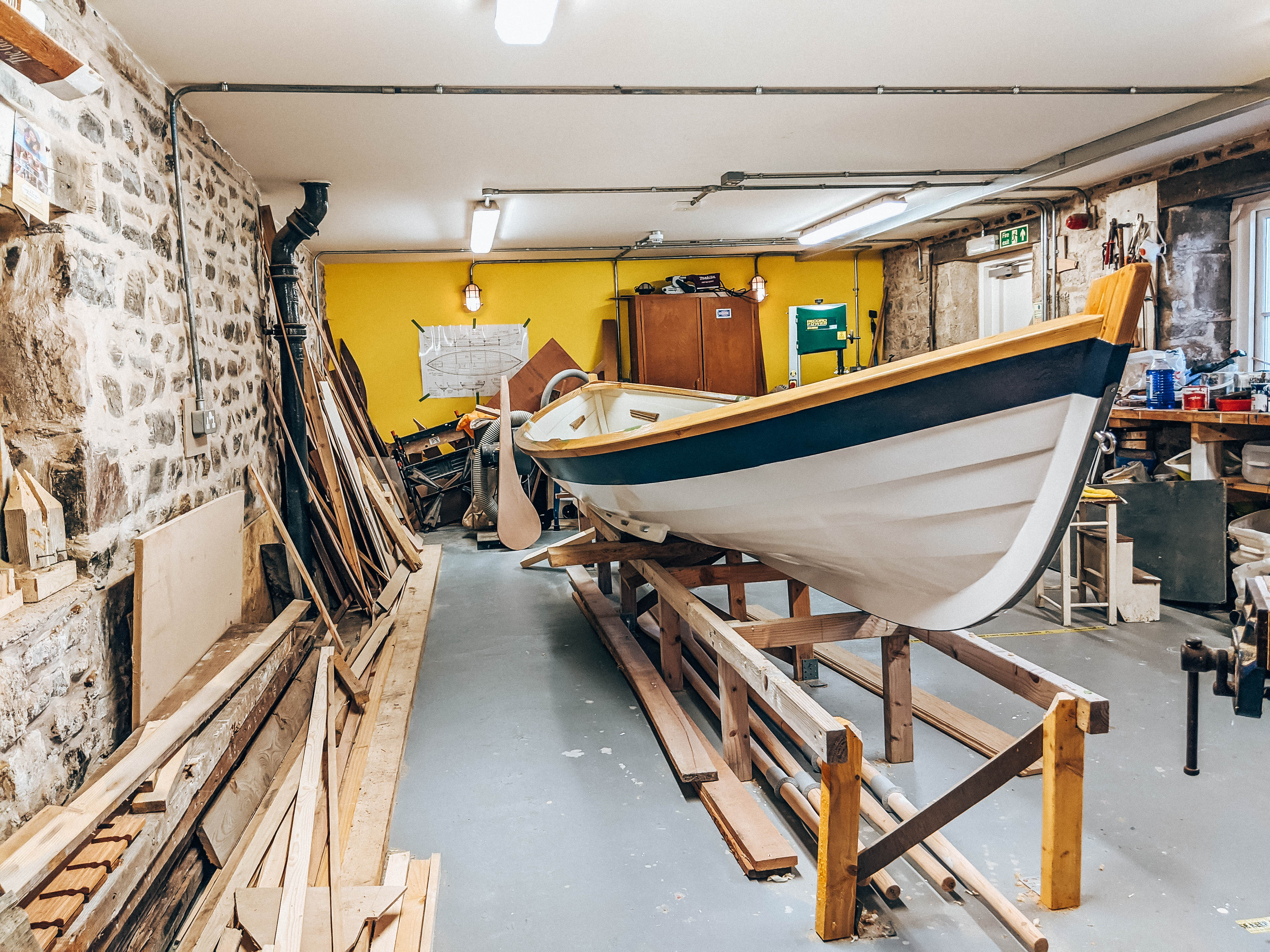 A St Ayles Skiff under construction in the workshop at Cullen Sea School