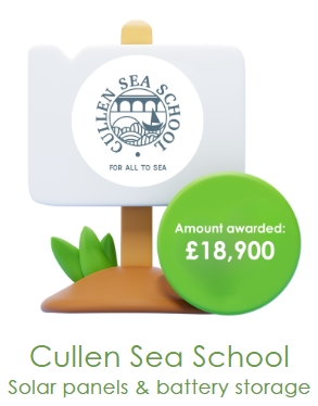Image showing Cullen Sea School logo with the text:

Amount awarded £18,900.
Cullen Sea School solar panels and battery storage.