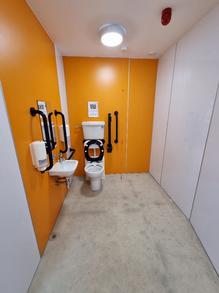 Image showing disabled toilet, sink and grab rails in Cullen Harbour Toilets.