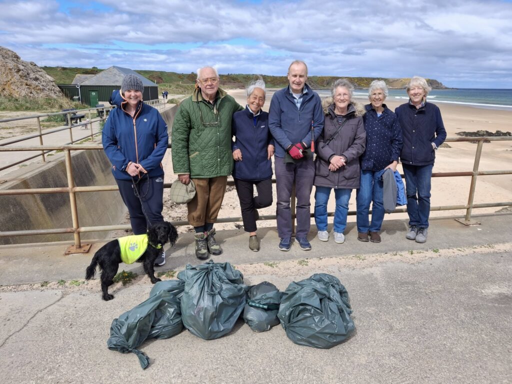 Image of May 2025 beach clean volunteers with bags of collected waste